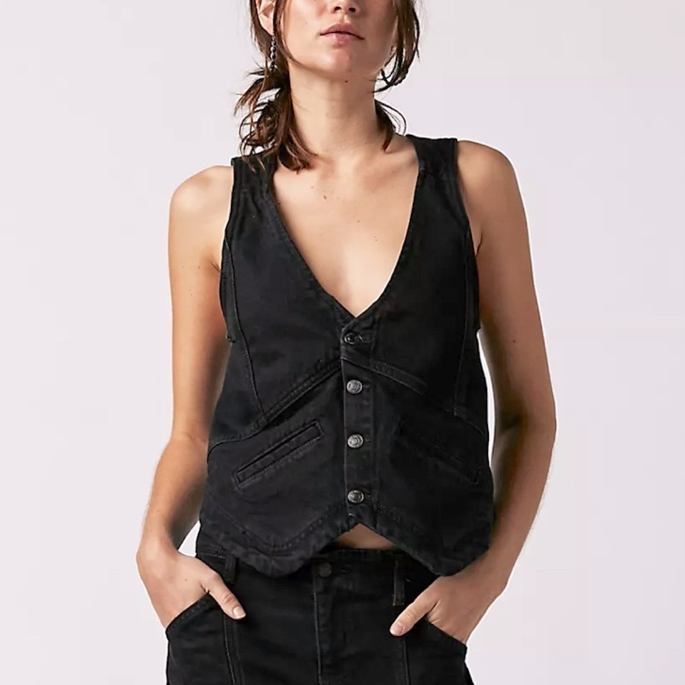 NWOT Free People, Beckett Black Denim Vest, Size 26